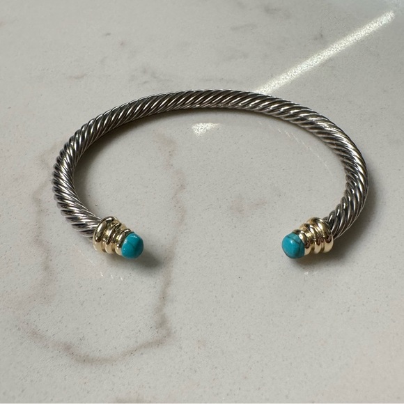 Two Tone Cable Bracelet with Open Cuff Faux Turquoise Silver Tone and Gold Tone - Picture 6 of 9